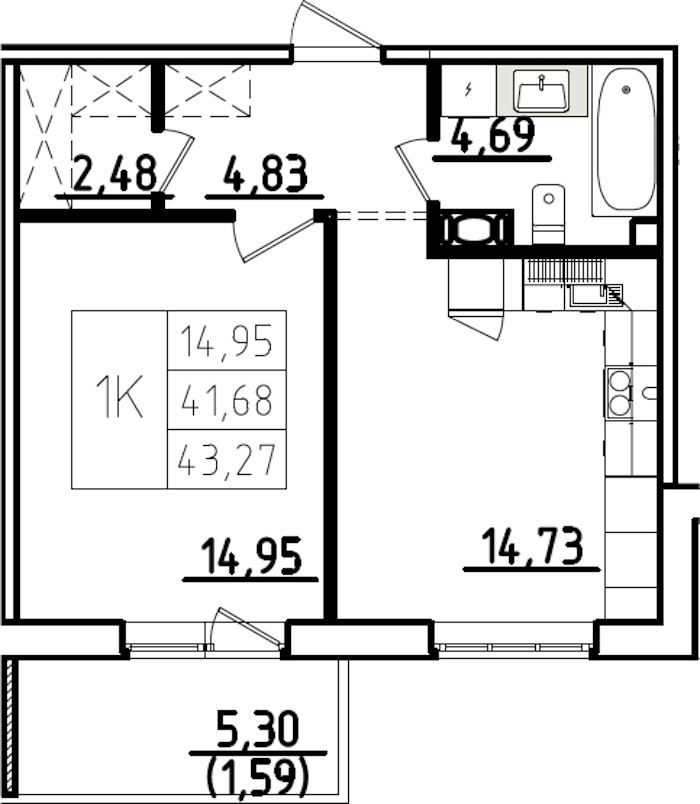 1-комнатная квартира 46.98 м², 2/9 эт., ЖК «IQ Гатчина 3»